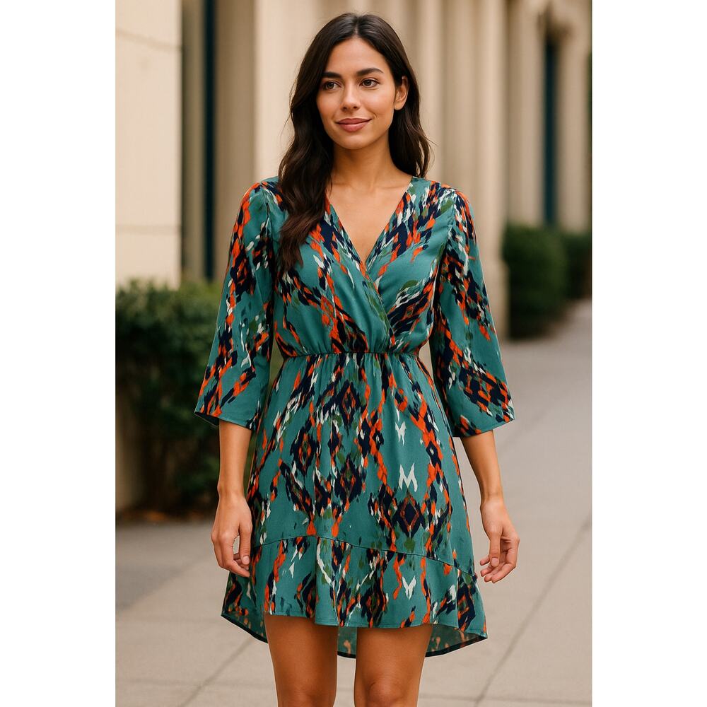 Everly Womens Dress Small Teal Multicolor Ikat Print Long Sleeve Lined Mini Boho